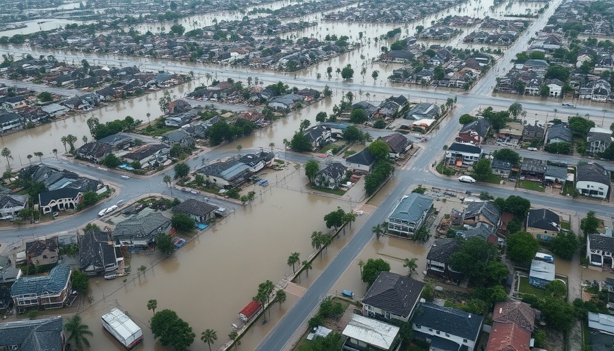 Aerial view of hurricane aftermath with flooded cityscape, Hurricane Katrina 20 Years Later.