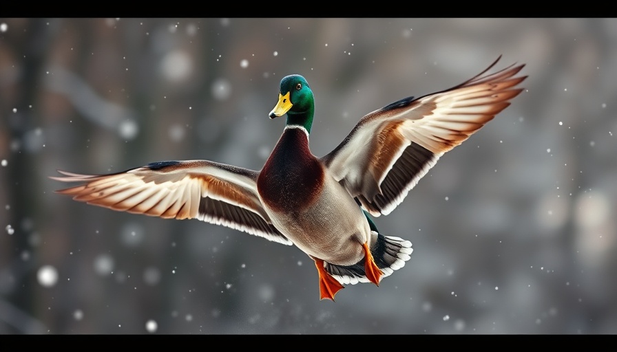 2025 Duck Season Preview: Graceful mallard in flight through snow.