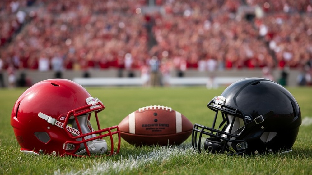 Arkansas Razorbacks game day collage with athletes and stadium, vibrant atmosphere.