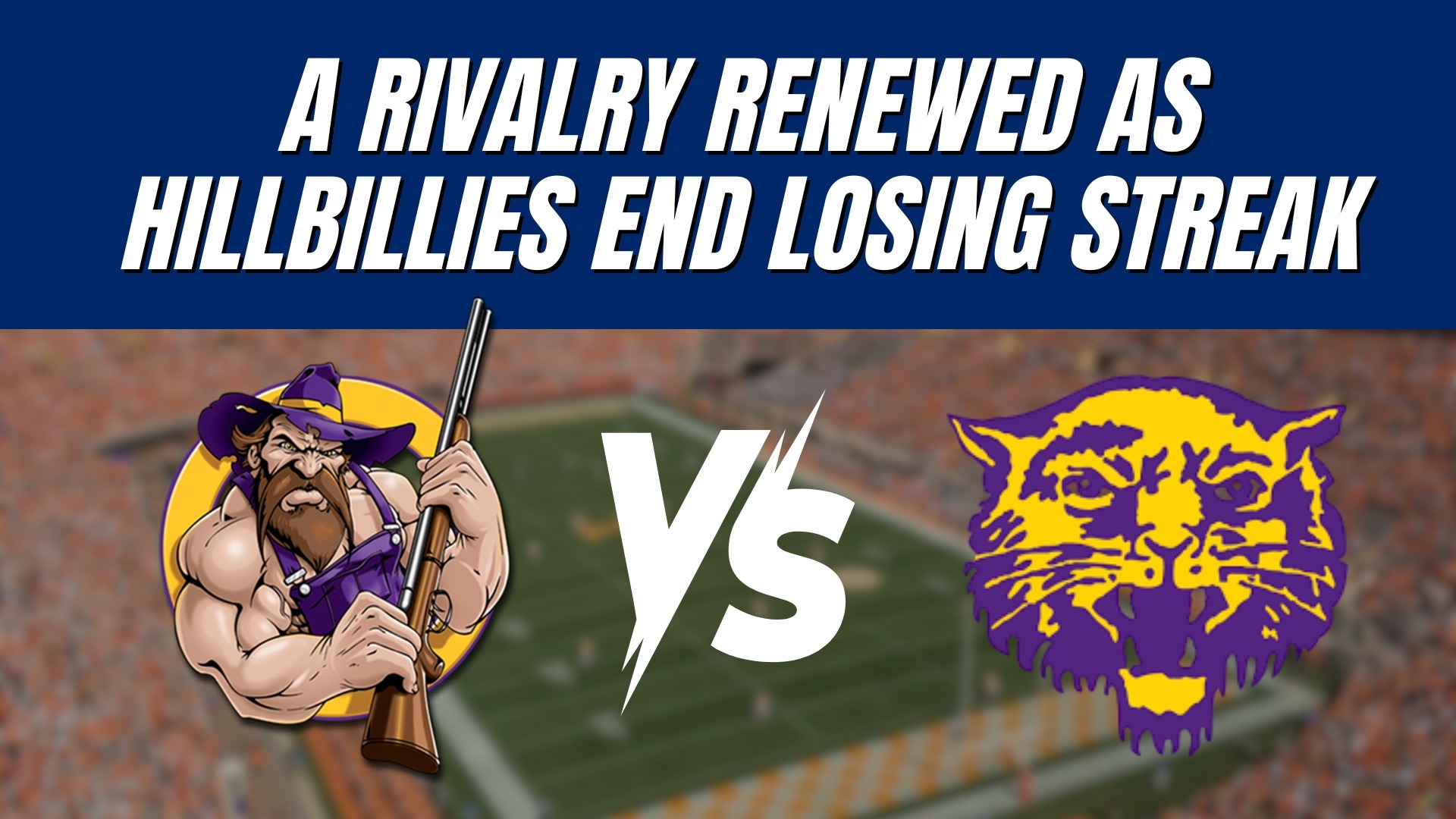 Ozark Hillbillies football victory graphic with team logos and stadium lights