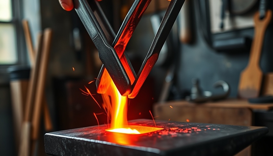 Bladesmithing in Gentry: Heated metal shaping on anvil.