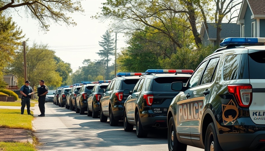 Police vehicles in Fayetteville standoff scene under clear daylight.