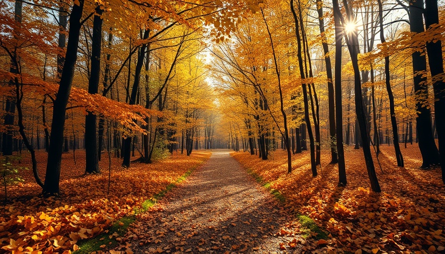 Serene forest path with fall leaves, fall has arrived atmosphere.