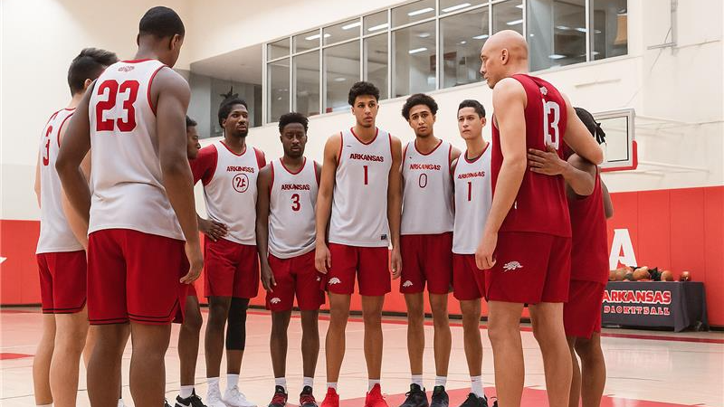 Energetic Razorback basketball players during practice session.