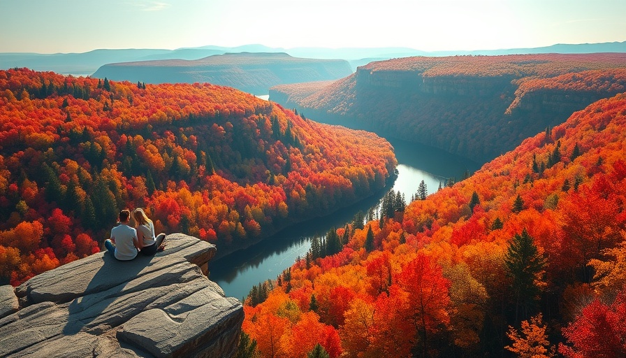 Couple overlooking fall colors in Arkansas from a cliff.