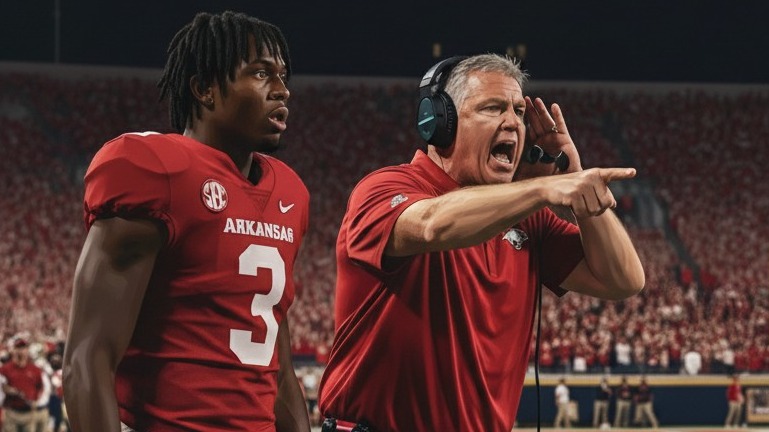 Arkansas Football Coach discussing updates indoors, wearing headphones.