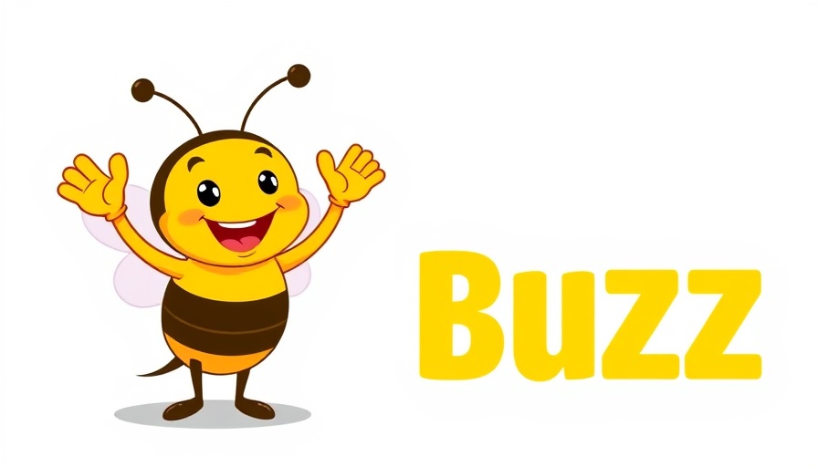 Illustration of a cheerful bee waving next to 'BUZZ' text, Bikes Blues and BBQ 2025.