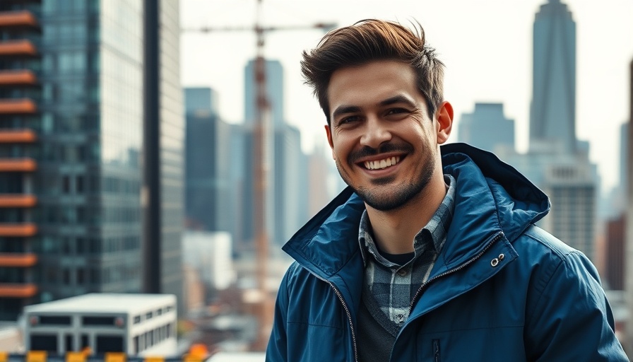 Job Opportunities in Bentonville, man in blue jacket with cityscape background.