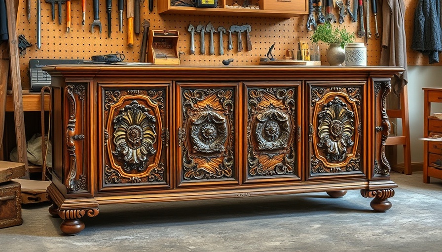 Wooden sideboard in a workshop, highlighting a woodworking journey.