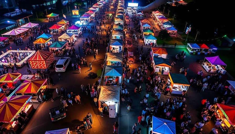 Aerial view of night festival at Bikes, Blues and BBQ.