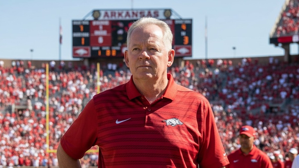 Bobby Petrino Arkansas Razorbacks sports program cover featuring group.