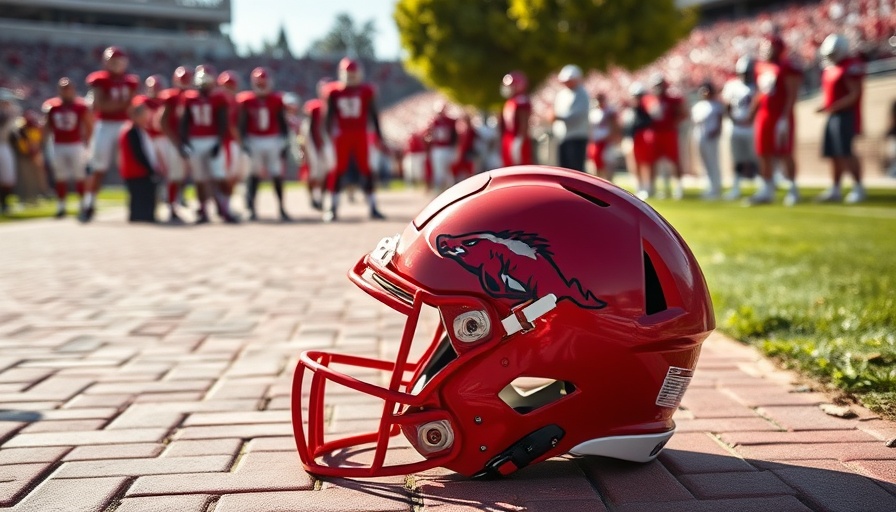 Arkansas Razorbacks helmet on ground, team in background, Jordan Avinger recruitment news.