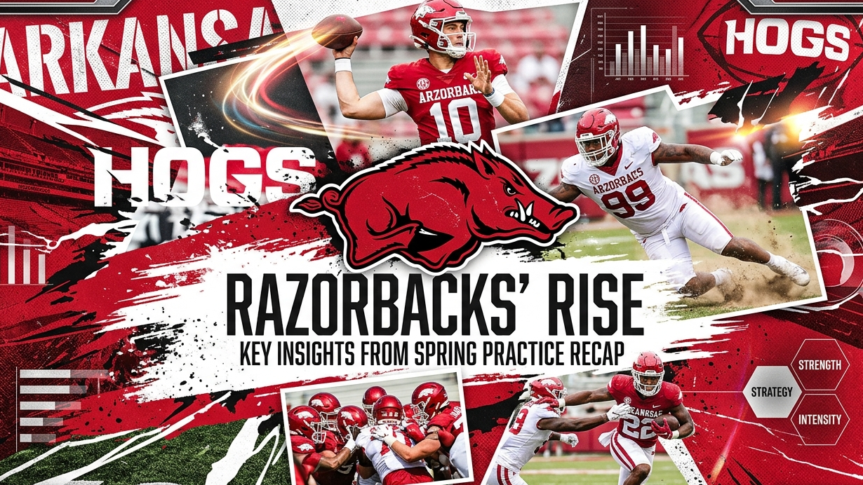 Arkansas Razorbacks players at press conference with team backdrop.