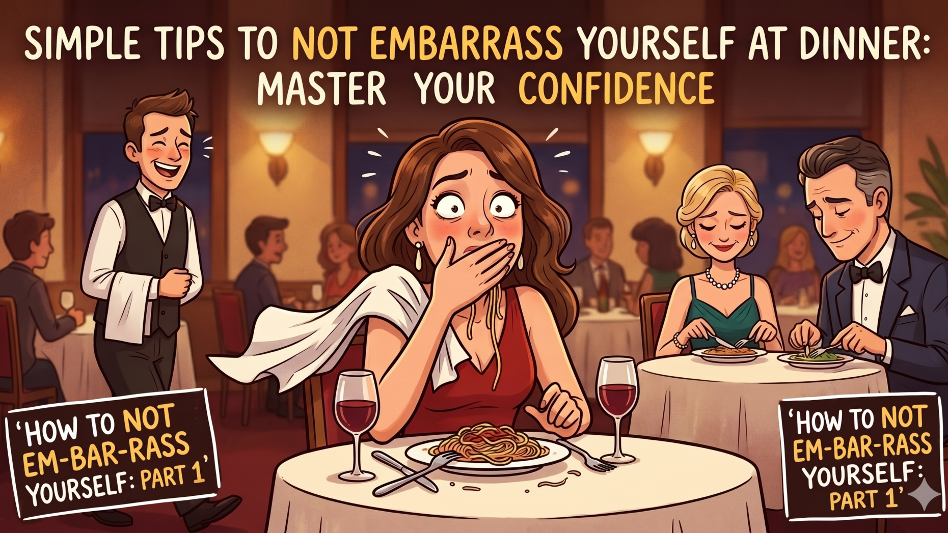 Funny dining scene highlighting table manners humor.