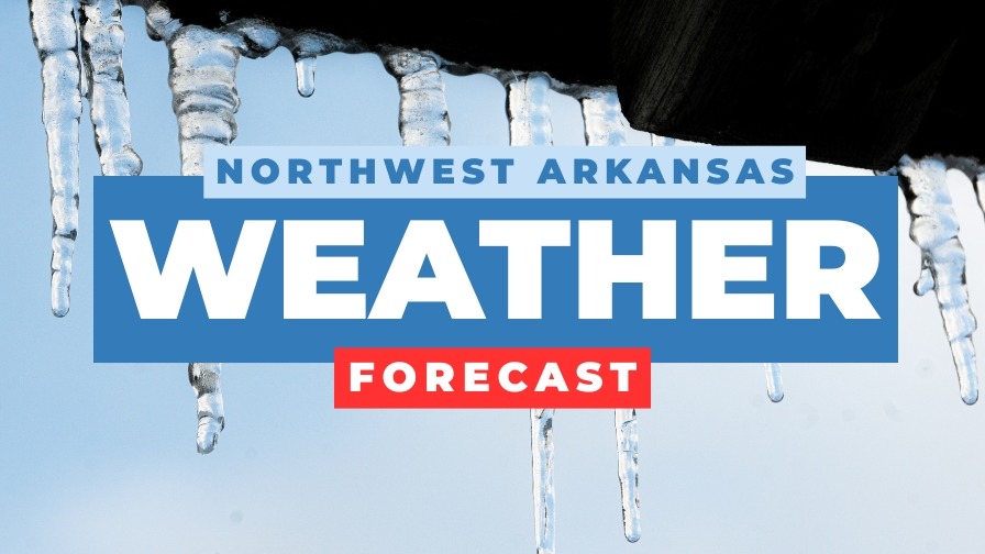 Meteorologist forecasts wintry mix in Northwest Arkansas on digital map.