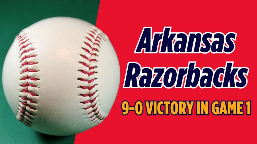 Arkansas Razorbacks baseball victory celebration at stadium.