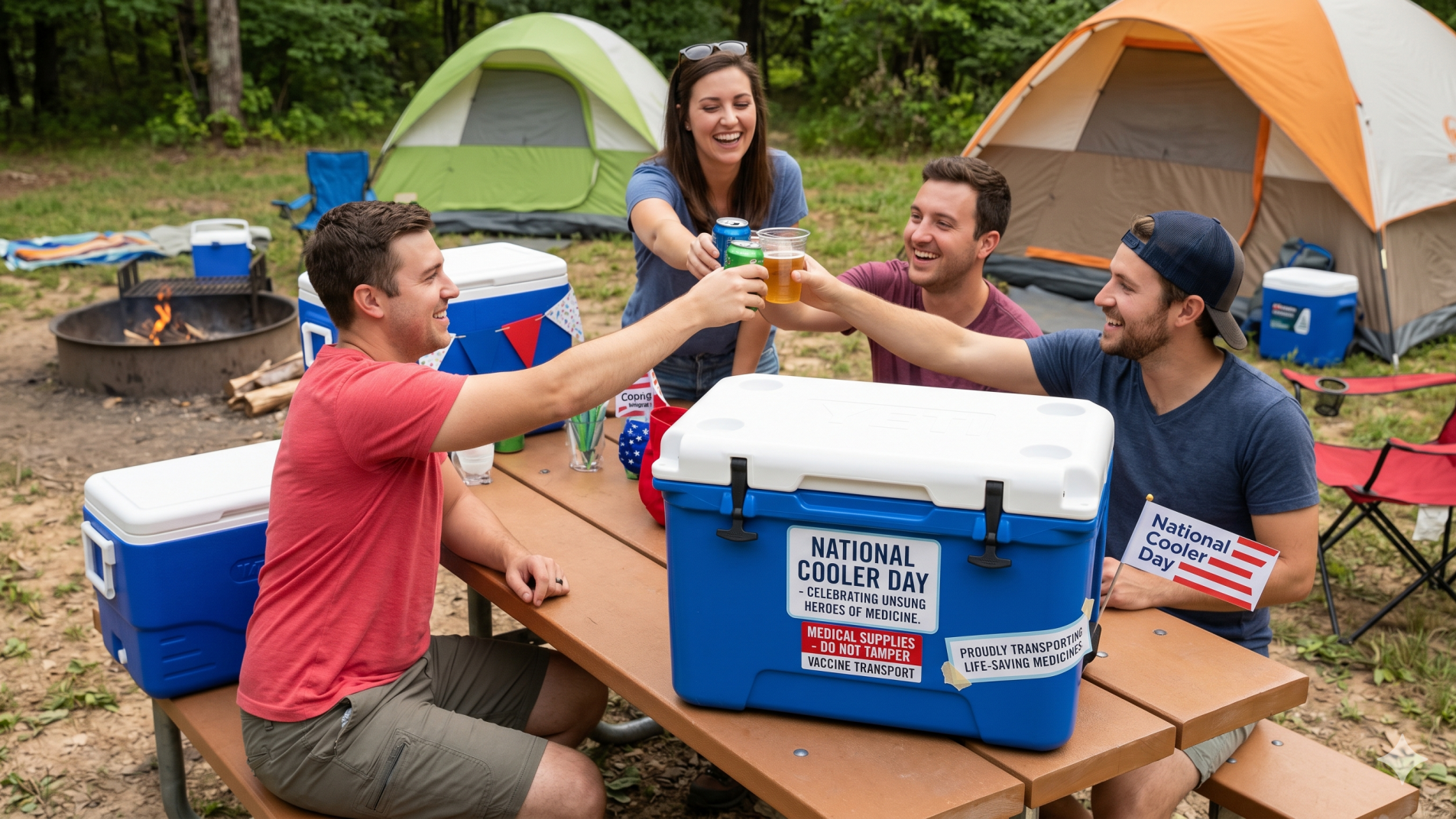 Celebrating National Cooler Day with friends around a campfire.