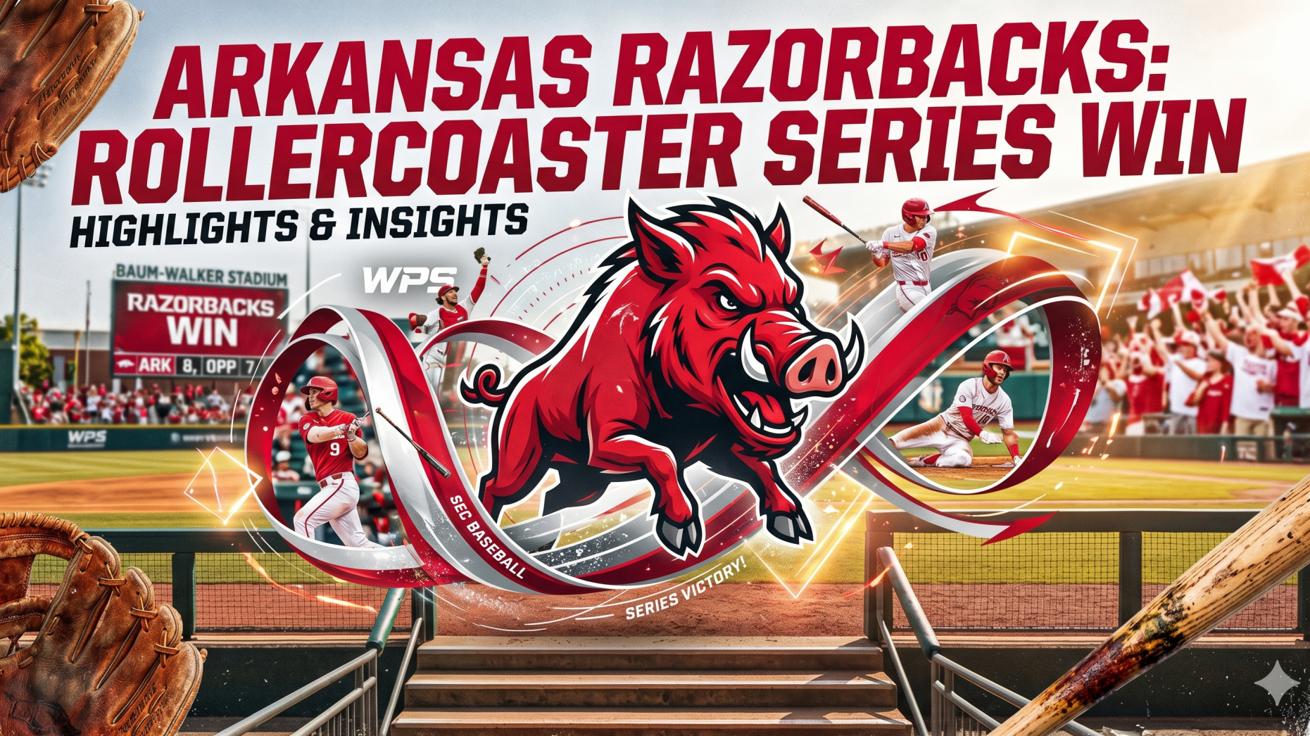 Arkansas Razorbacks series recap podcast cover with player and stadium.
