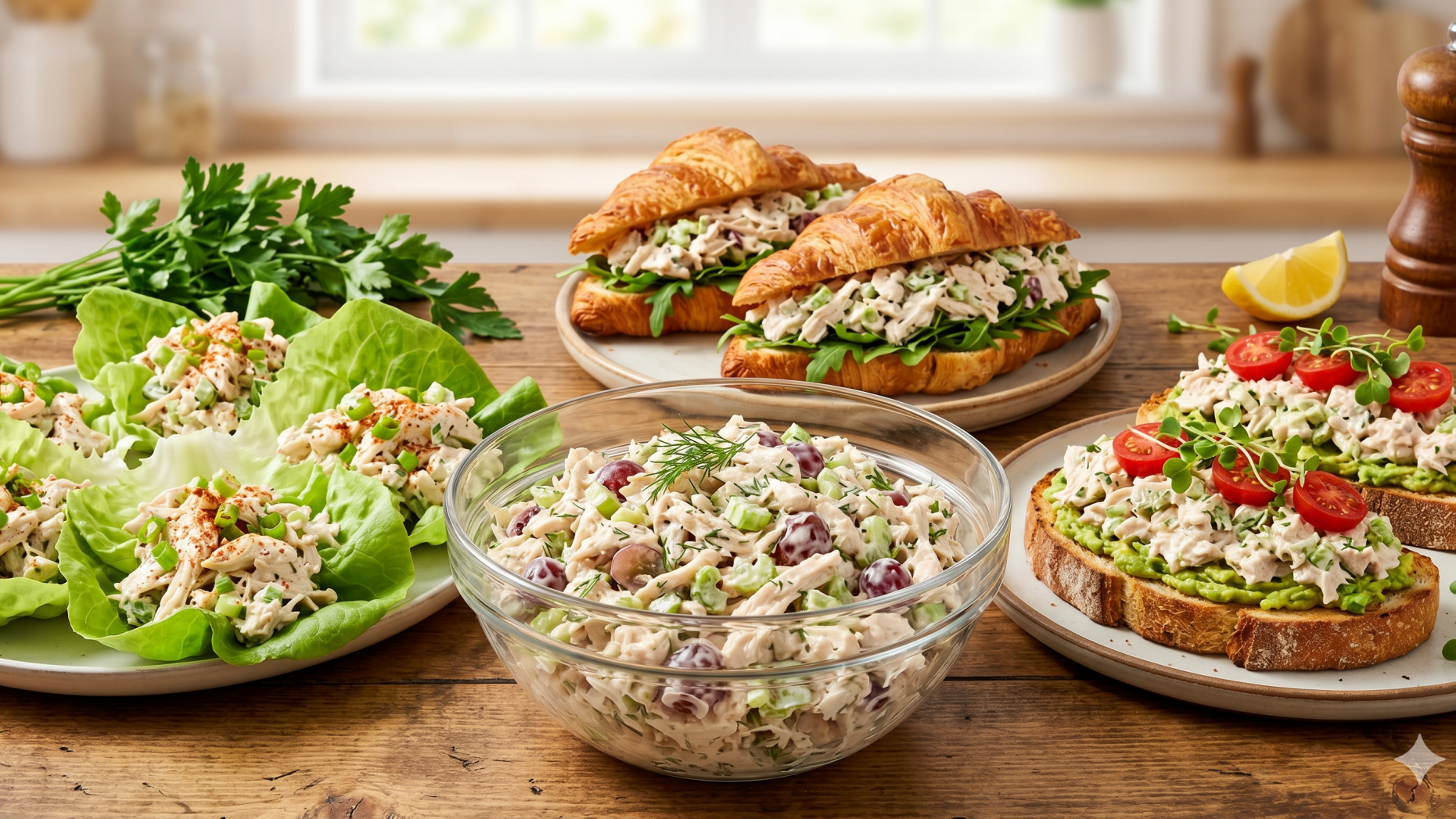 Middle-aged woman explaining leftover chicken salad recipe in kitchen