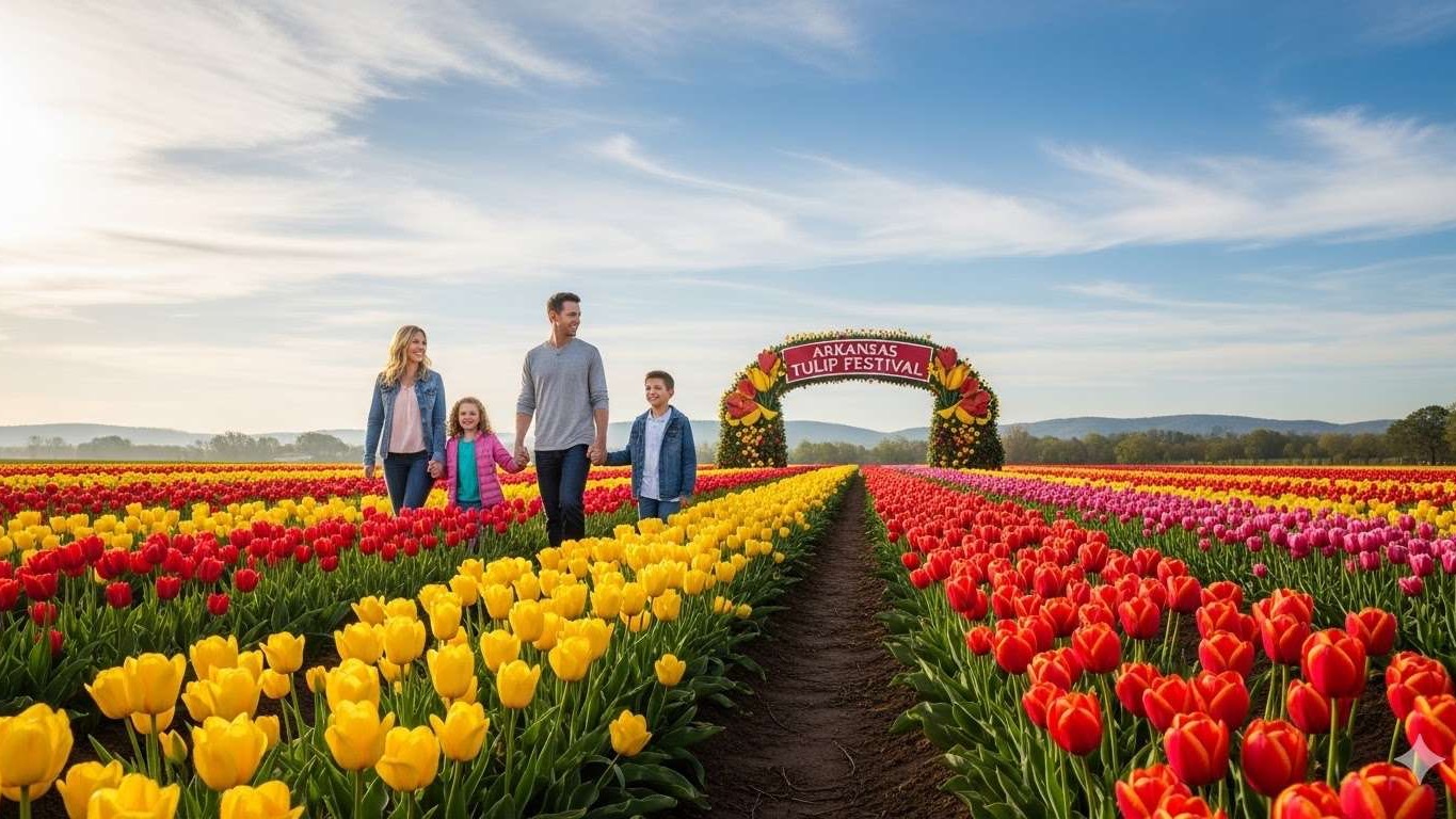 Women holding tulips at Arkansas Tulip Festival display.