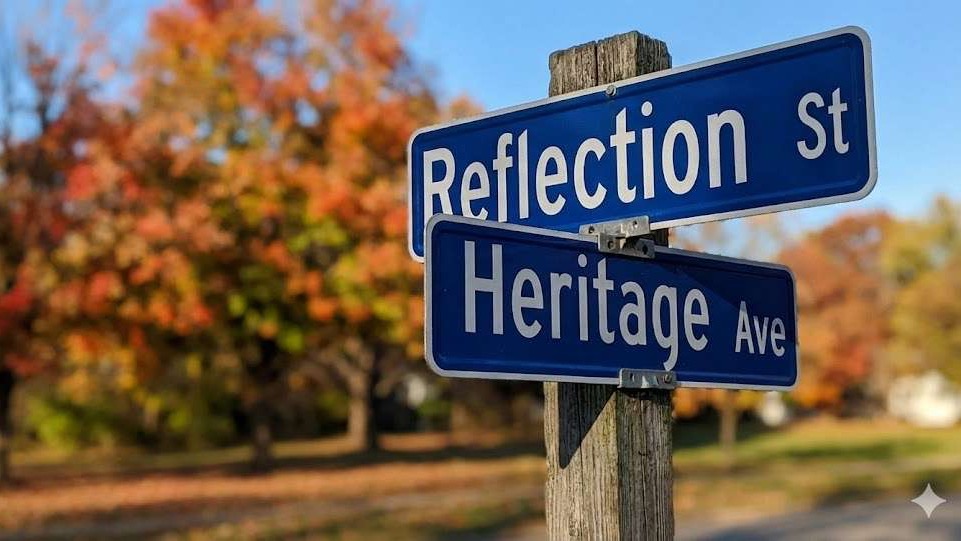 Street signs showing Reflection St and Heritage Ave, Fayetteville street name changes.