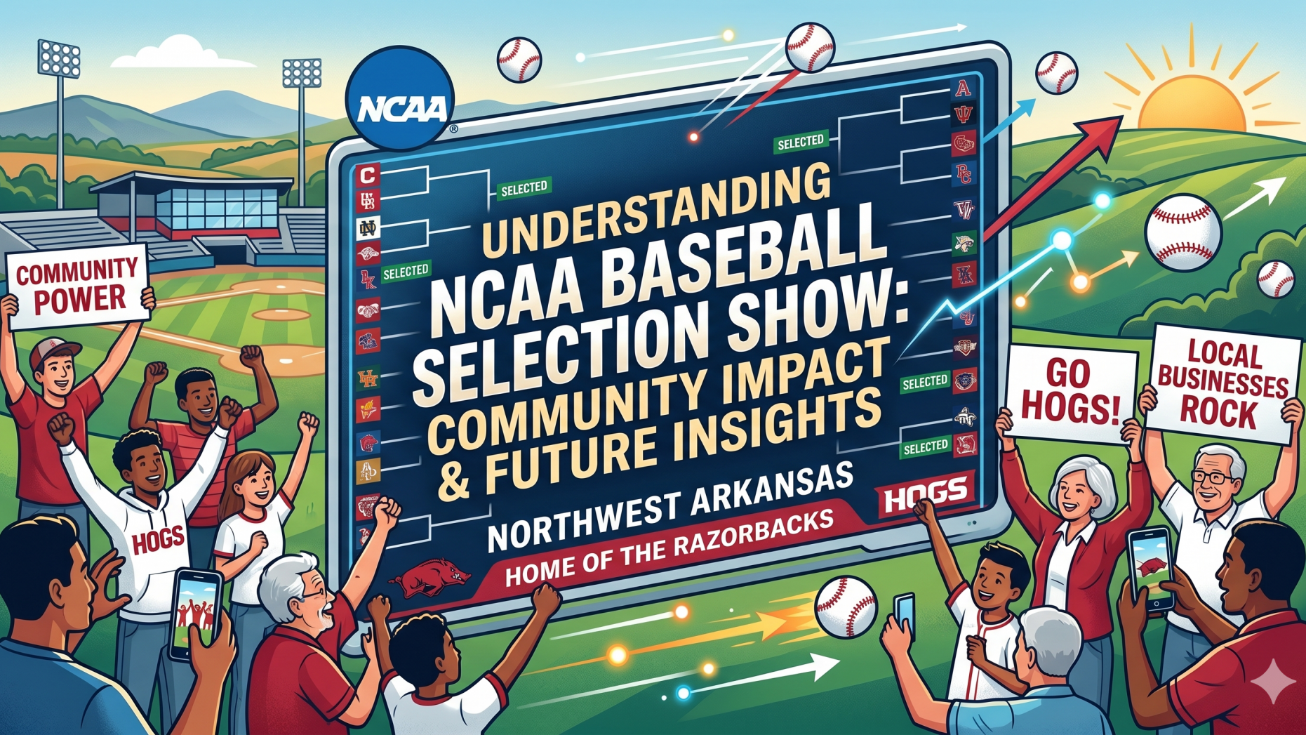 NCAA Baseball Selection Show with mascot and fans in stadium.