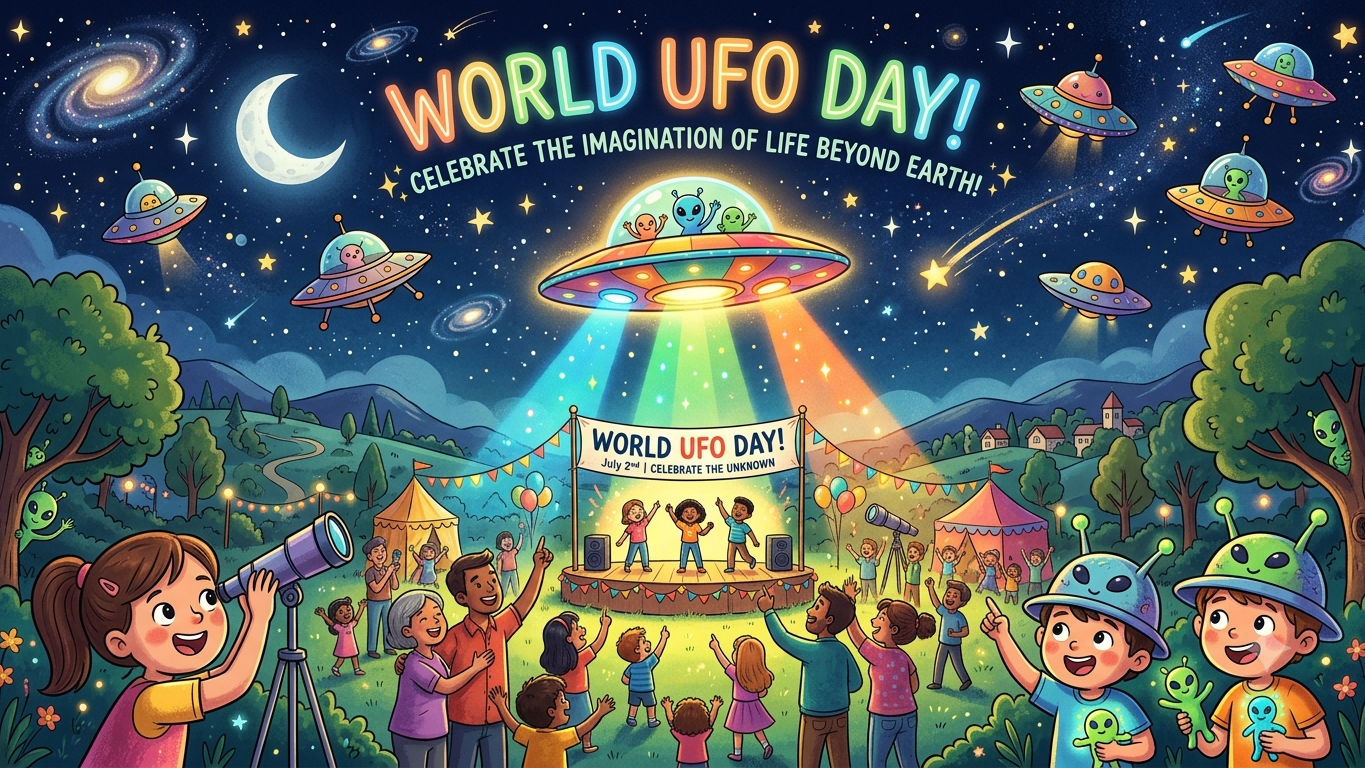 Futuristic UFO over desert for World UFO Day.