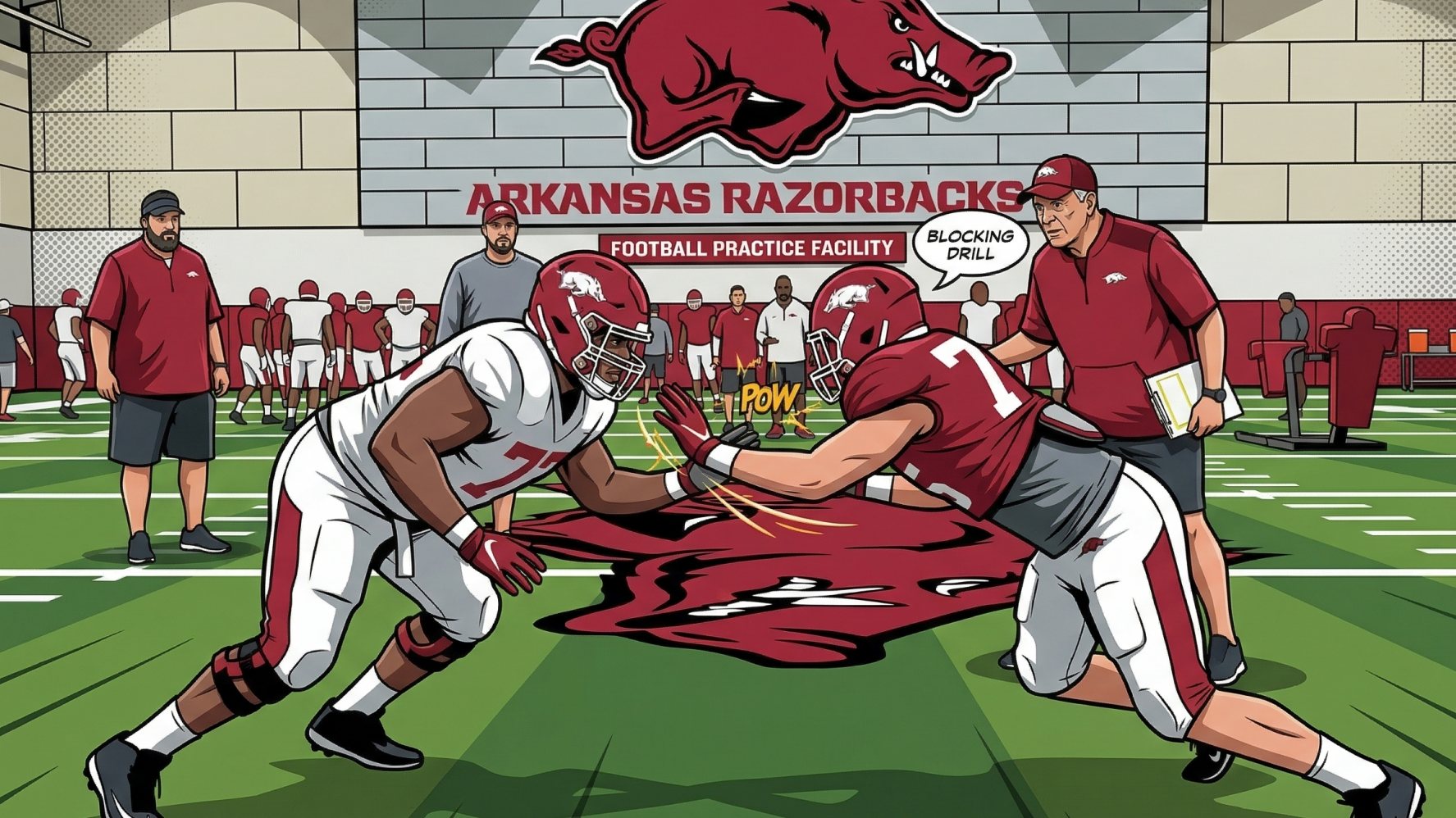 Arkansas Razorbacks players practicing drills on the field.