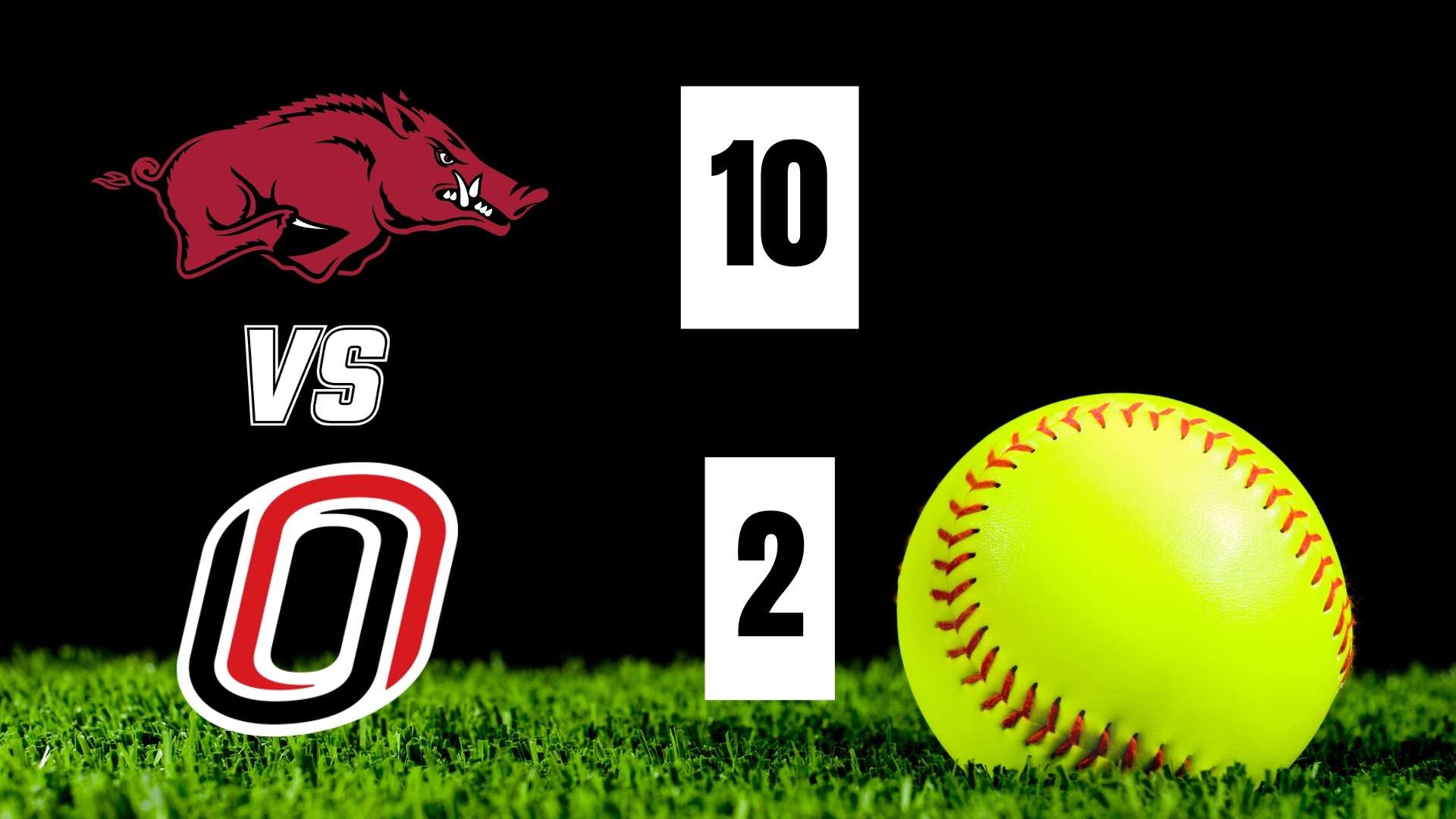 Arkansas Razorbacks softball player hitting ball, game action.