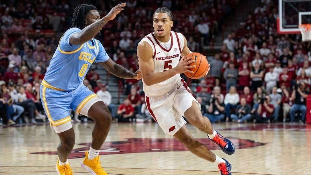 Darius Acuff Jr Razorbacks Road Victory press conference with male speaker.