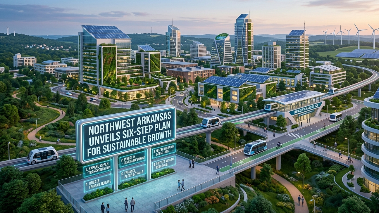 Futuristic cityscape with man contemplating Northwest Arkansas growth plan.