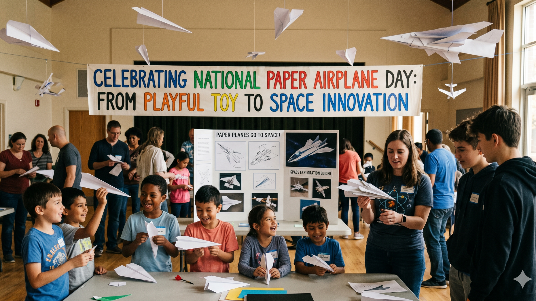National Paper Airplane Day celebration with paper airplane and spotlight.