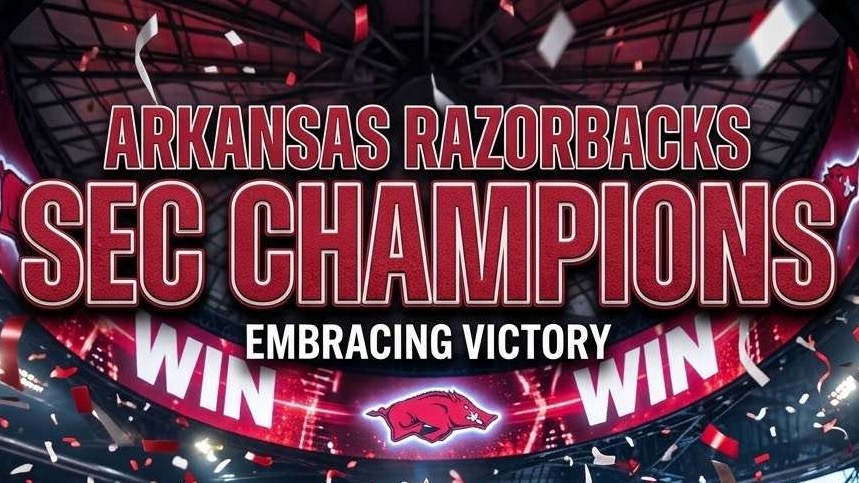 Arkansas Razorbacks team holding championship trophy with confetti.