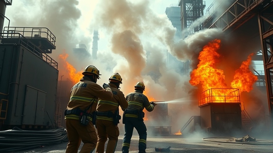 Workers in protective gear battling the Springdale fire at a Moisture Shield plant.