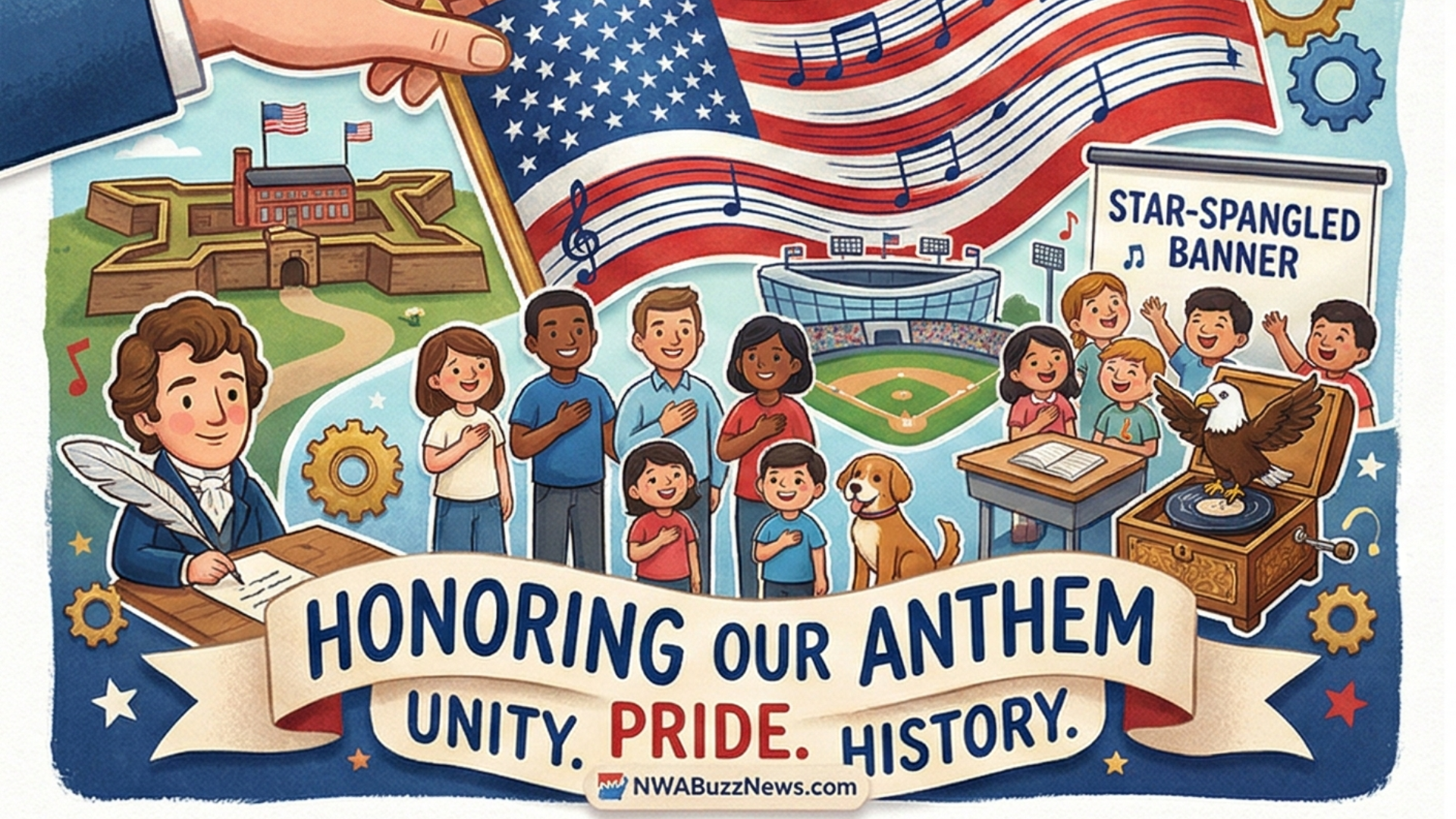 National Anthem Day observance with hand on flag.