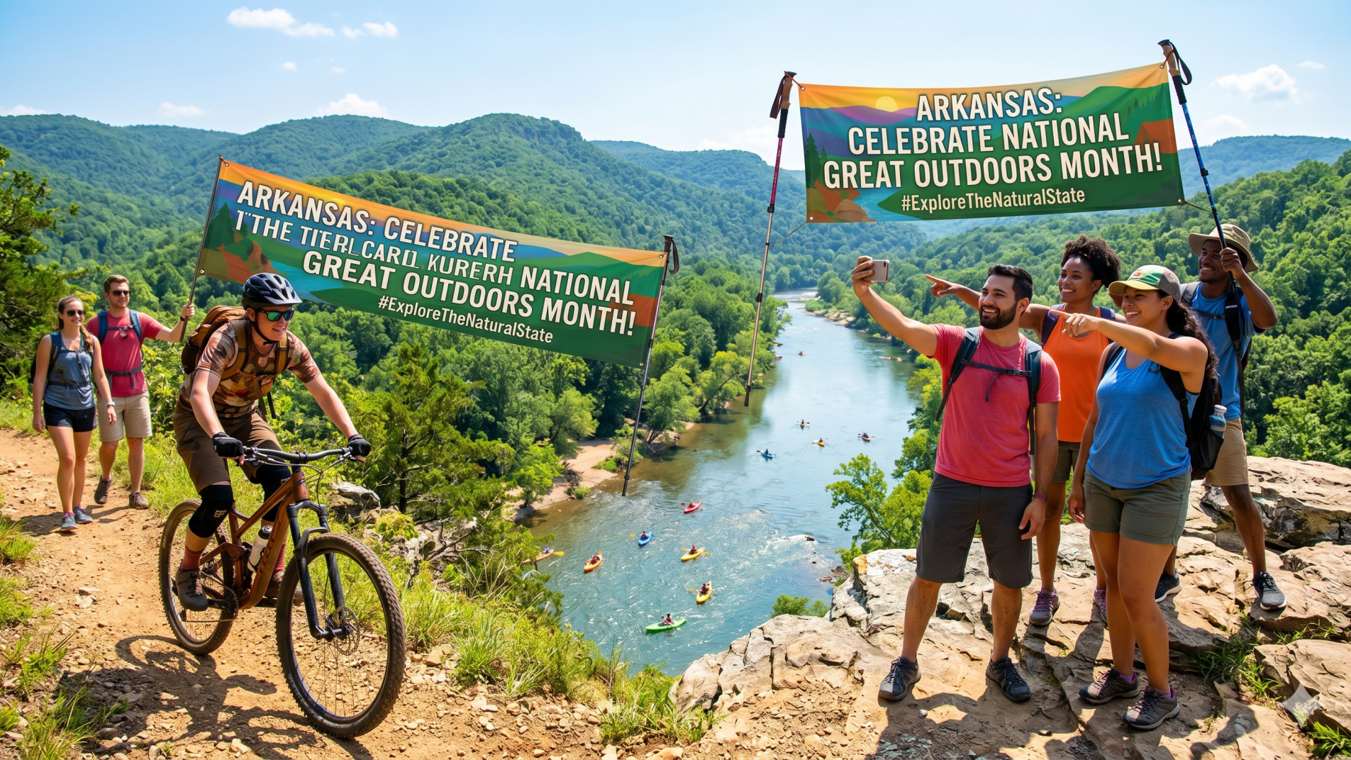 Cyclists enjoying National Great Outdoors Month in Arkansas on scenic trail.