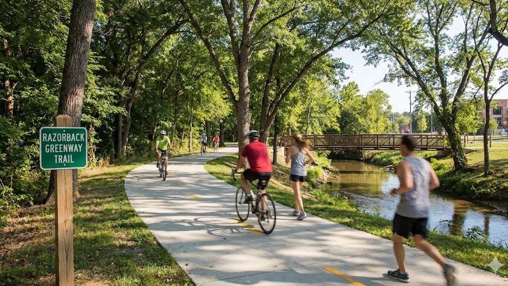 Cyclist riding along Razorback Regional Greenway in autumn.