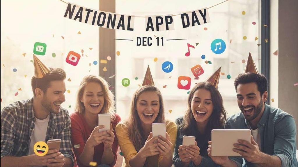 National App Day vibrant smartphone with colorful apps, celebration theme.