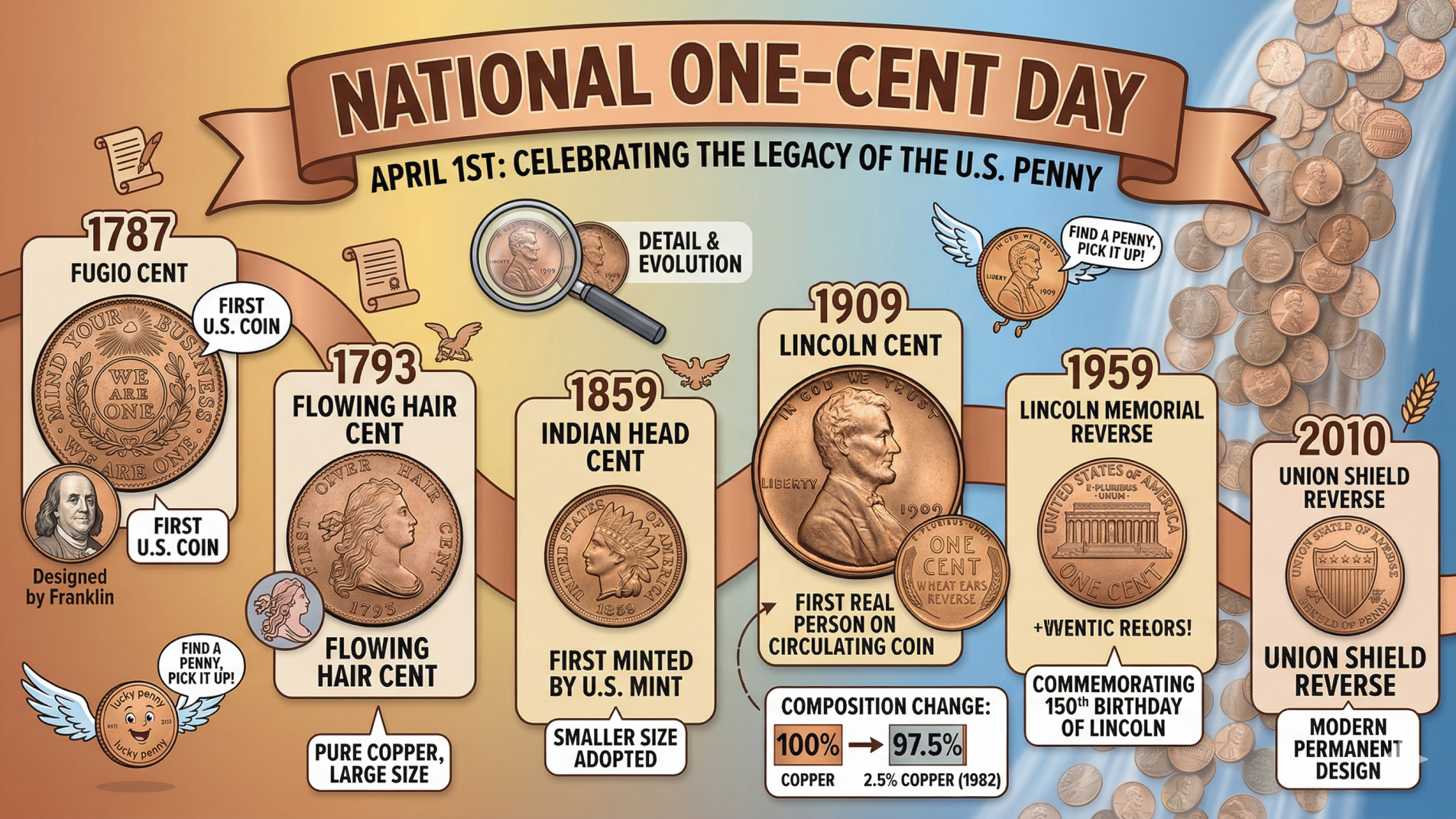 Close-up of pennies and hand holding coin for National One Cent Day.