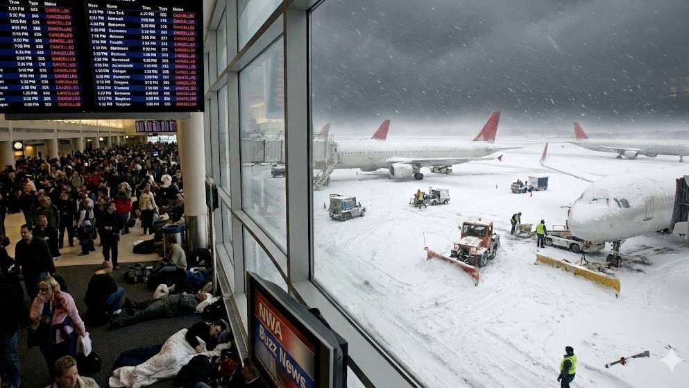 Flight cancellations display in winter storm at airport.