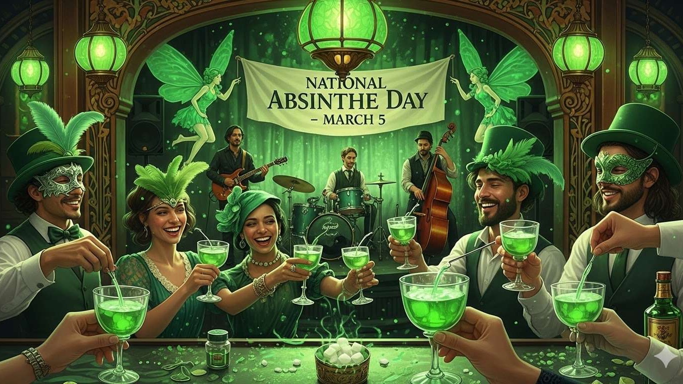 Vibrant display for National Absinthe Day with absinthe glasses.