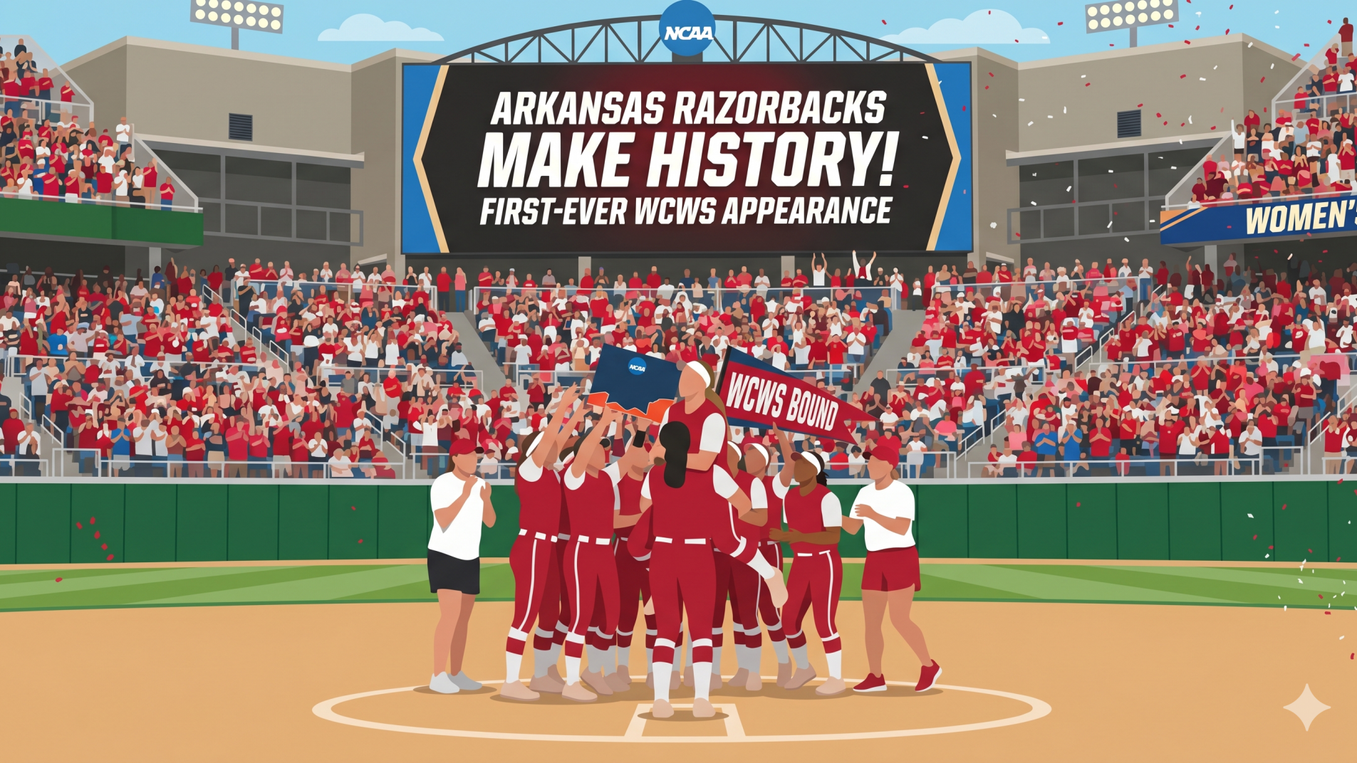 Arkansas Women's College World Series softball victory celebration.