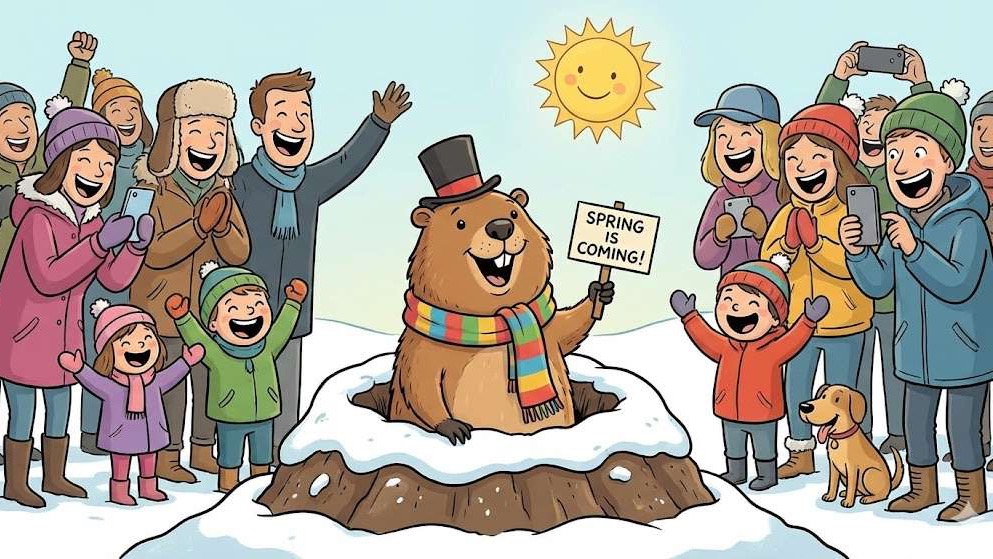 National Groundhog Day February 2 mural with a groundhog foreground in an urban street scene.