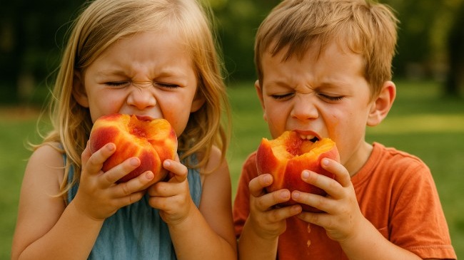 Kids eating local peaches at the Soar NWA Balloon Festival.