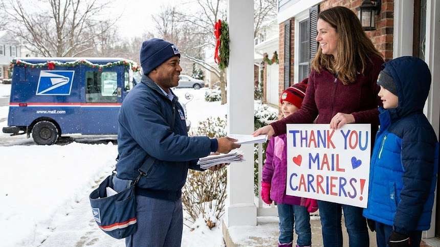 Mail carrier delivers mail in suburban area on Thank A Mail Carrier Day.