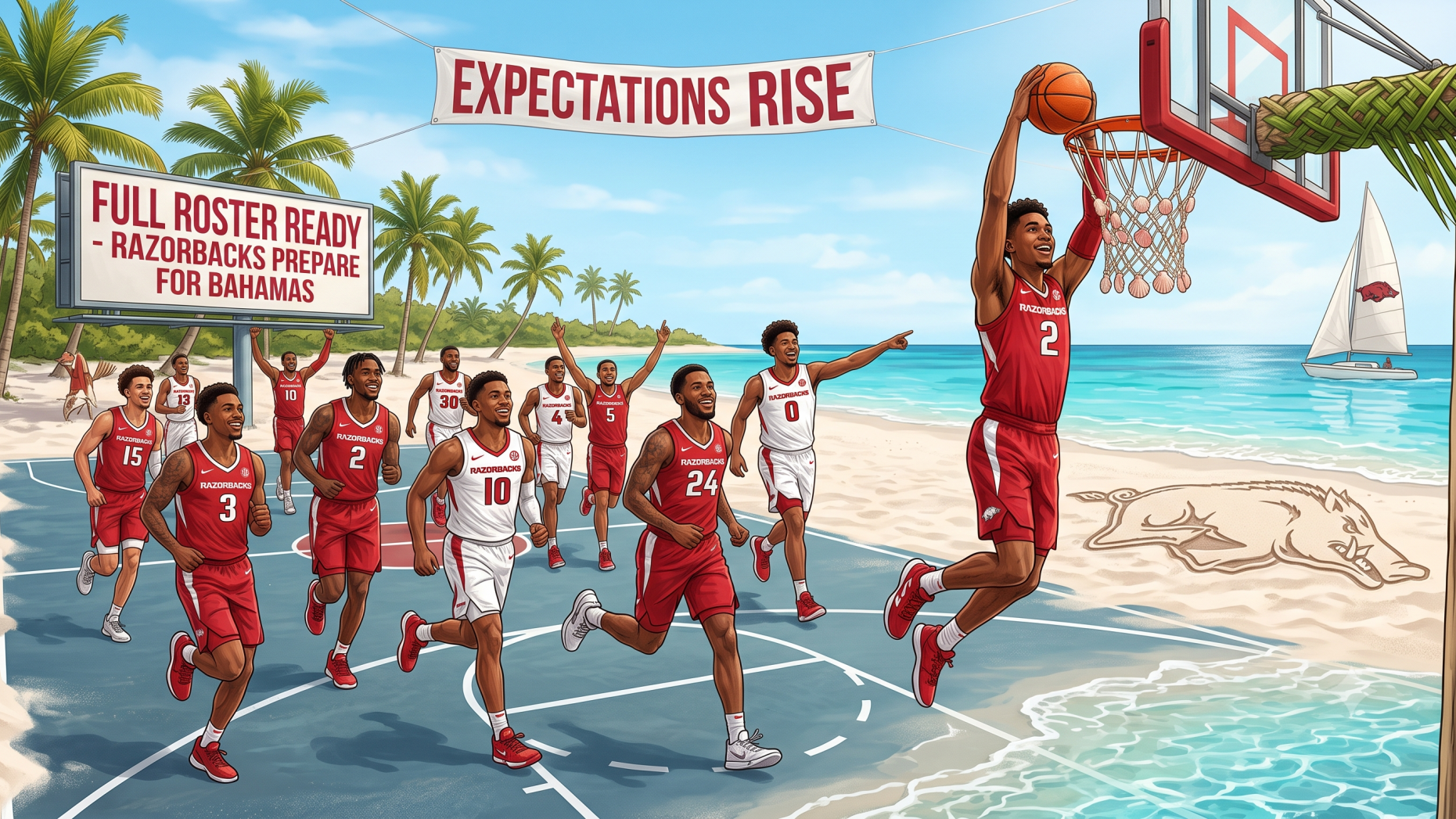 Arkansas Razorbacks full roster Bahamas discussion with players on court.