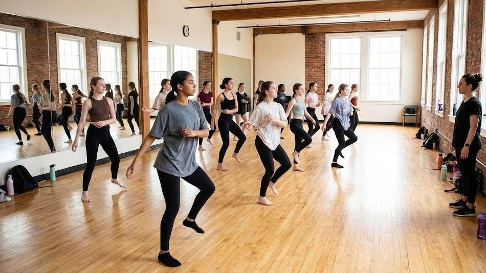 Arkansas dancers rehearsing in gym for Macy's Thanksgiving Day Parade.