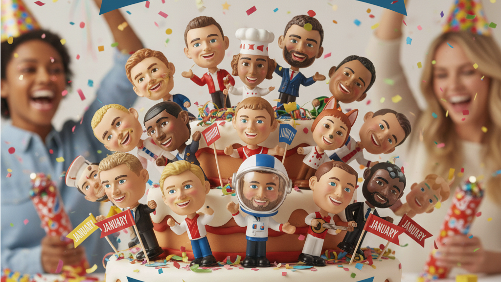 National Bobblehead Day illustration with a smiling bobblehead figure in a baseball uniform.