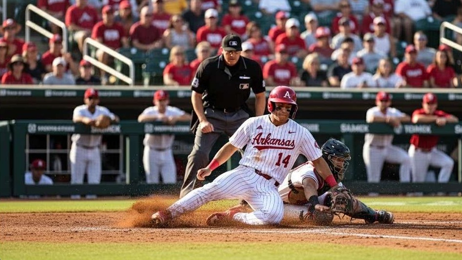 Aerial view of Razorbacks stadium with an athlete in baseball gear.