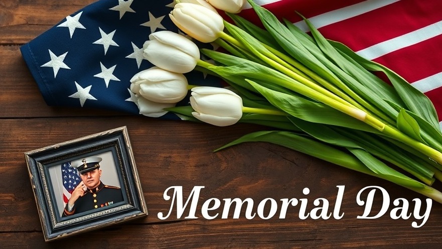 Memorial Day tribute with white tulips, American flag, and Marine veteran portrait.